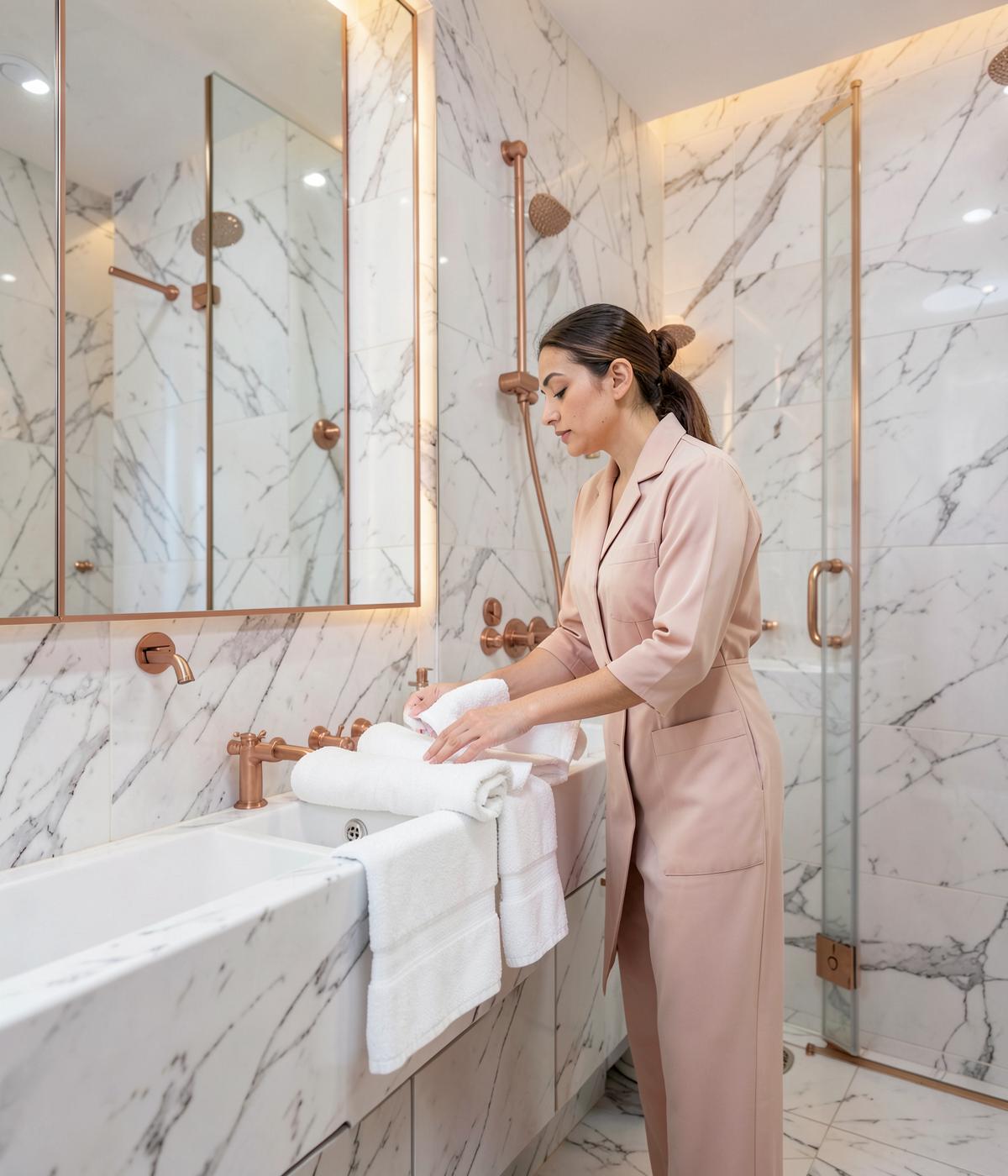 A Polish Pro cleaner arranging fresh white towels in a marble bathroom