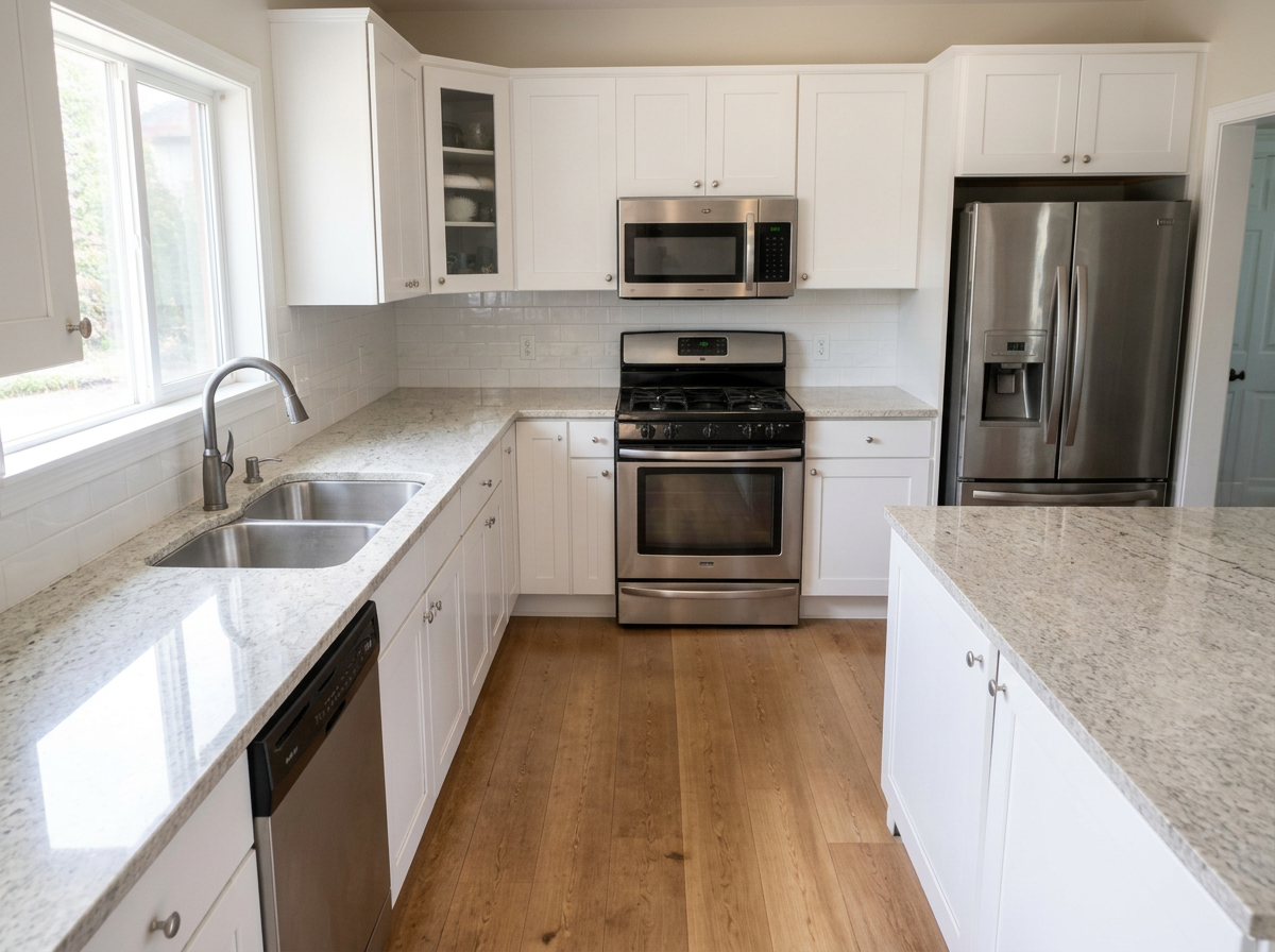 Kitchen after a Polish Pro deep clean, with gleaming marble counters and a spotless sink