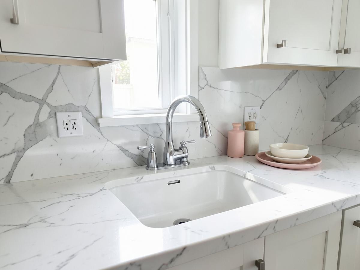 Kitchen after a Polish Pro deep clean, with gleaming marble counters and a spotless sink