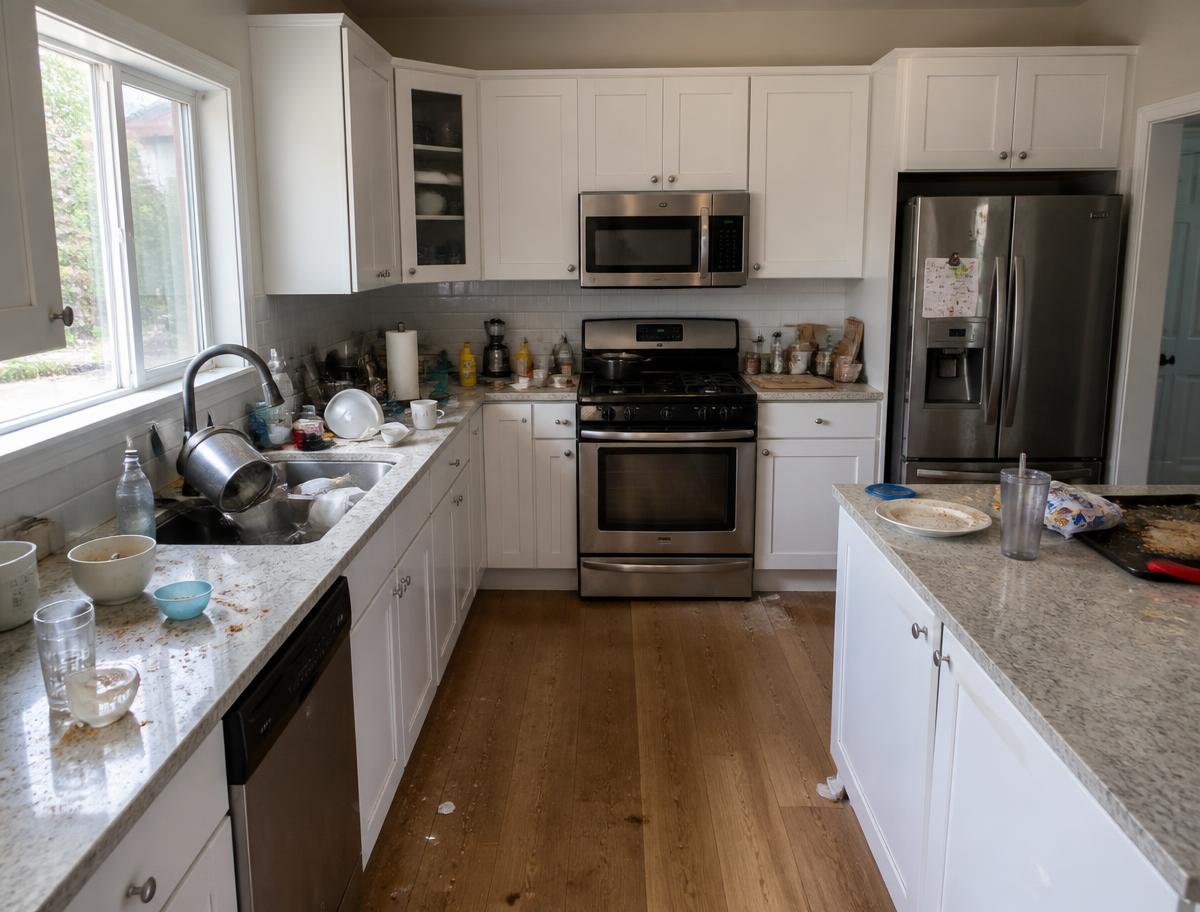The same kitchen before cleaning, with cluttered counters and stacked dishes